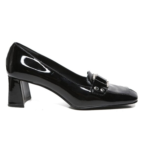 Vintage Bandolino Patent Leather Loafer Pumps Square Toe Chunky Heel Black Gloss - Picture 2 of 11